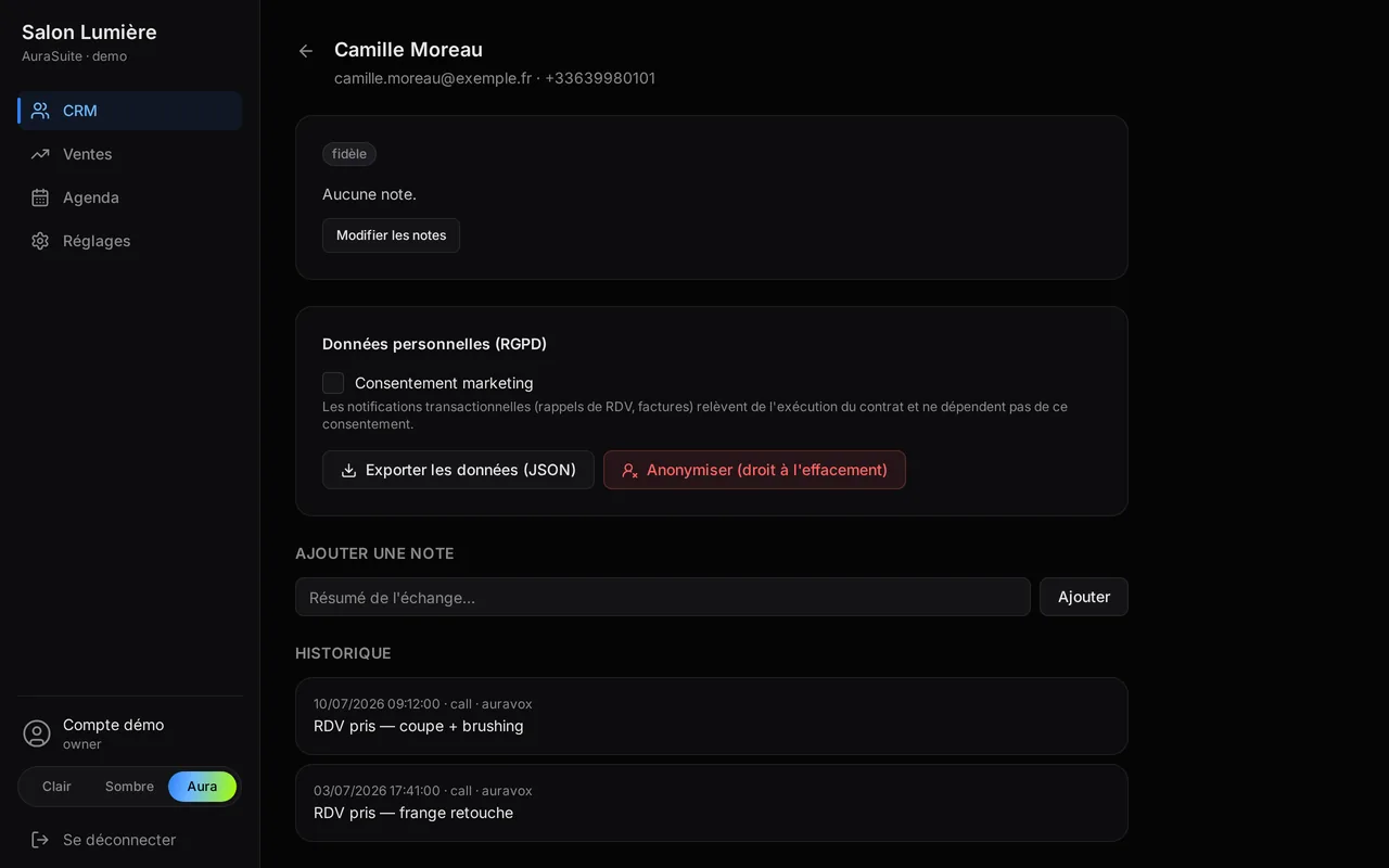 AuraSuite — fiche client CRM avec journal d'appels AuraVox synchronisé
