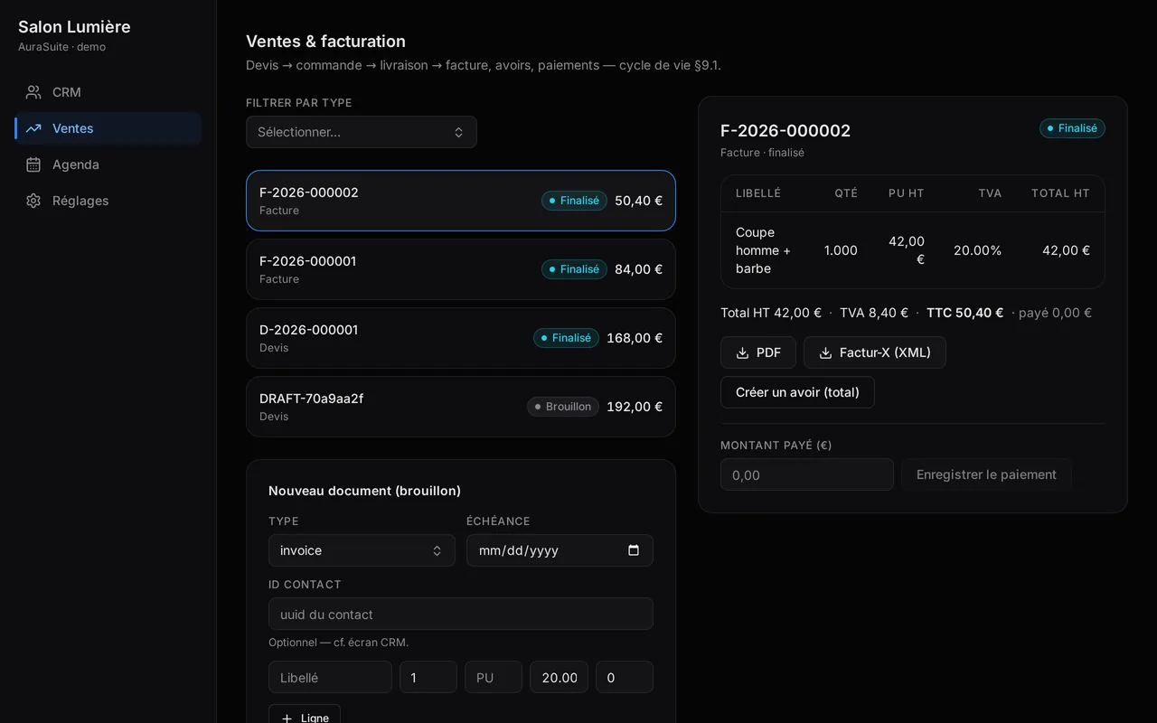 AuraSuite — chaîne de vente : devis, bon de commande, facture